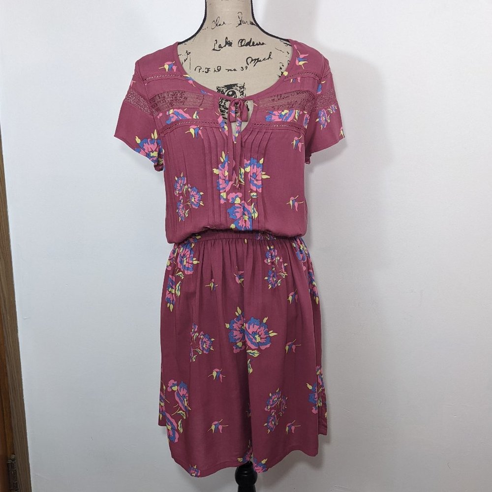 MATILDA JANE Women's size M Art Class Dress Pink Floral Tie Neck Elastic M